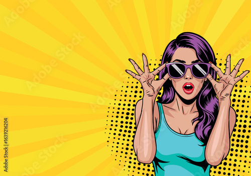 Young surprised woman in pop art style with glasses. On yellow background. Pop art in comics vector style.