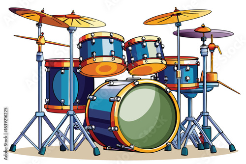 A Vibrant Cartoon Drum Kit Displaying Red Drums and Cymbals on Stands against White Background