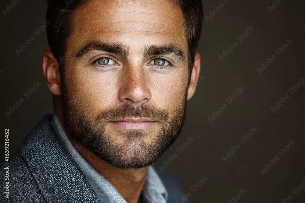 Fototapeta premium Close-up portrait of a confident man with light eyes, trimmed beard, and short dark hair wearing a textured blazer and shirt against a dark background