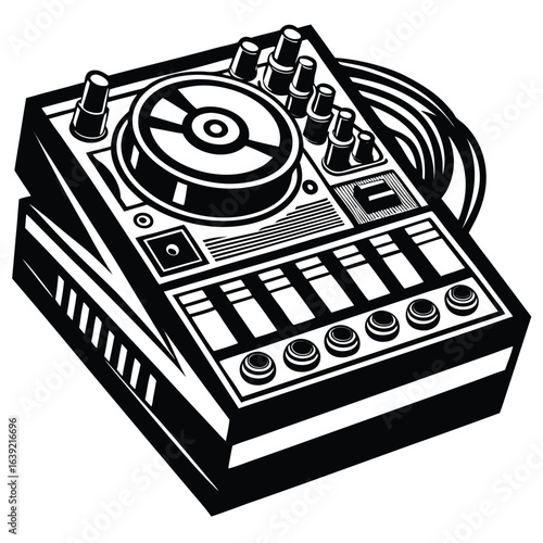 Monochrome Illustration of a DJ Controller Device for Electronic Music Production and Performance with Turntable and Faders