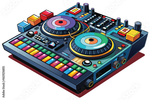 Isometric DJ Mixer with Colorful Pads and Knobs A Vibrant Digital Music Creation Station for Creative Soundscapes