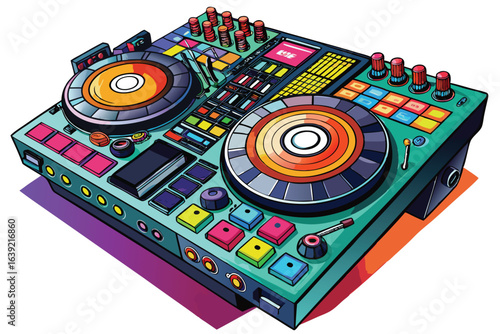 Isometric DJ Mixer with Colorful Pads and Knobs A Vibrant Digital Music Creation Station for Creative Soundscapes
