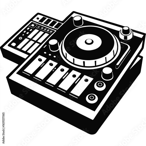 Monochrome Illustration of a DJ Controller Device for Electronic Music Production and Performance with Turntable and Faders