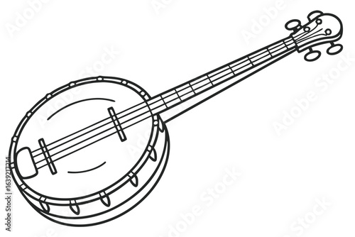 Illustration of a Classic Five-String Banjo Musical Instrument Represented in a Detailed Black and White Line Drawing Style