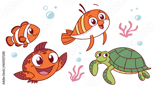 Cute cartoon sea animals illustration featuring fish turtle and bubbles for kids educational content design
