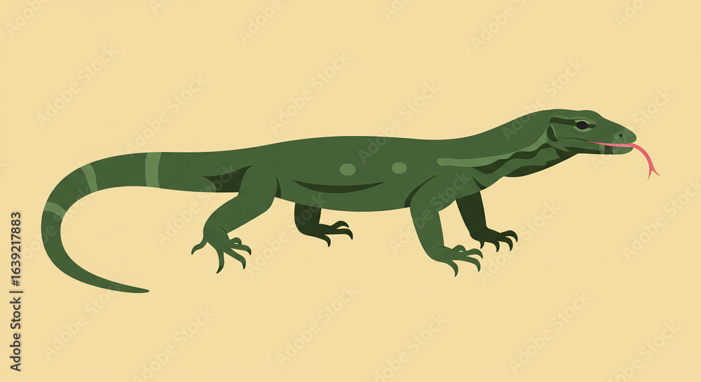 Fototapeta premium Stylized Green Monitor Lizard with Pink Tongue on Beige Background.
