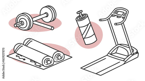 Gym equipment vector illustration featuring treadmill dumbbell water bottle and exercise mats for fitness training