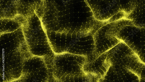 Yellow wave of particles and lines. Big data visualization. Abstract background with a dynamic wave. 3d rendering.