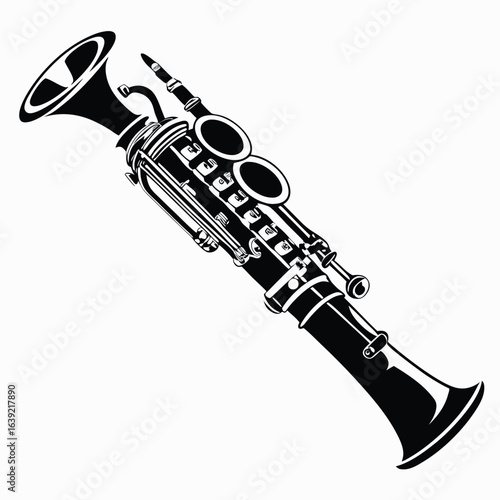 Sleek Black and White Clarinet Illustration Capturing the Elegance and Musicality of this Classic Woodwind Instrument with Intricate Key Details