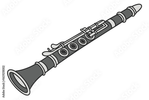 Sleek Black and White Clarinet Illustration Capturing the Elegance and Musicality of this Classic Woodwind Instrument with Intricate Key Details