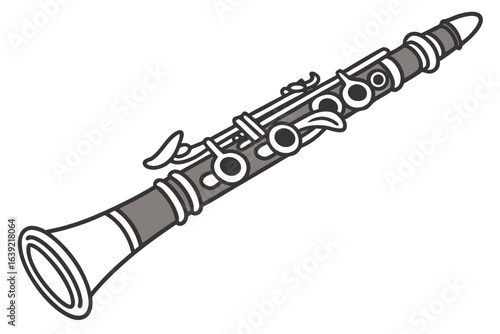 Sleek Black and White Clarinet Illustration Capturing the Elegance and Musicality of this Classic Woodwind Instrument with Intricate Key Details