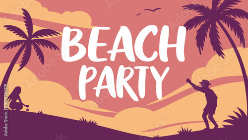 Beach party summer vacation tropical getaway with palm trees and sunset vector illustration design element
