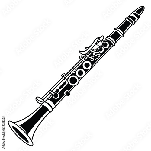 Sleek Black and White Clarinet Illustration Capturing the Elegance and Musicality of this Classic Woodwind Instrument with Intricate Key Details