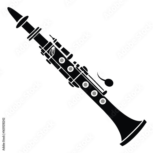 Sleek Black and White Clarinet Illustration Capturing the Elegance and Musicality of this Classic Woodwind Instrument with Intricate Key Details