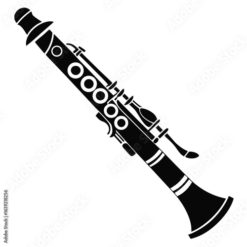 Sleek Black and White Clarinet Illustration Capturing the Elegance and Musicality of this Classic Woodwind Instrument with Intricate Key Details