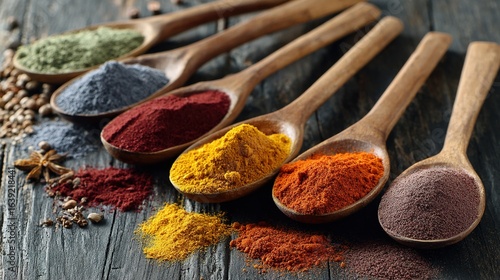 Colorful spices on wooden table