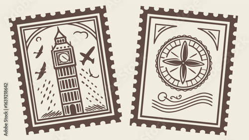 Vintage travel postage stamps featuring london big ben and compass rose illustration design vector graphic