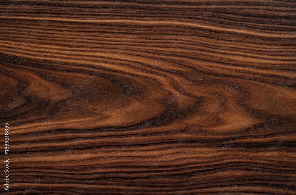 Naklejka premium Close-up view of dark brown wood grain texture with wavy natural patterns and rich variations in color