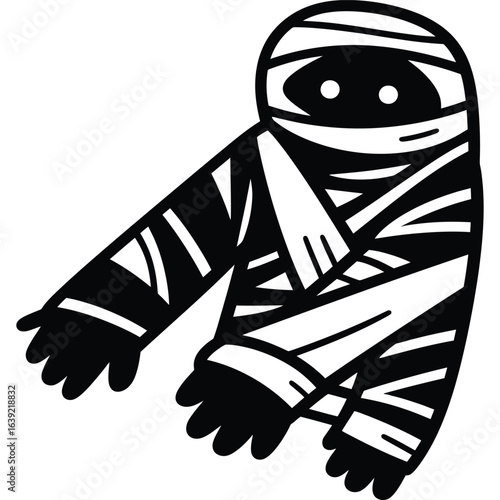 A cartoon mummy with bandages wrapped around its body and head on a white background vector illustration silhouette