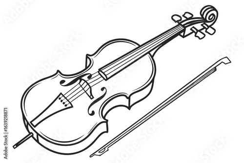 Monochrome Violin and Bow Illustration Detailed Line Art Classic Musical Instrument Elegant Design Suitable for Educational Materials and Art Projects