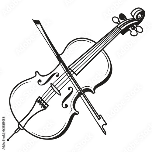 violin, bow, musical instrument, string instrument, monochrome, line art, illustration, classic, music, art, drawing, sketch, vector, design, elegant, strings, instrument, fiddle, acoustic, orchestra,