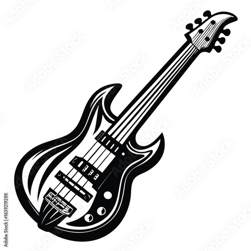Illustration of an Electric Bass Guitar with Strings and Pickups Perfect for Musical Projects and Artistic Representations