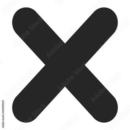 Simple black X mark icon with rounded corners. Flat design cross symbol for closing, deleting, or indicating an error. Isolated vector graphic.