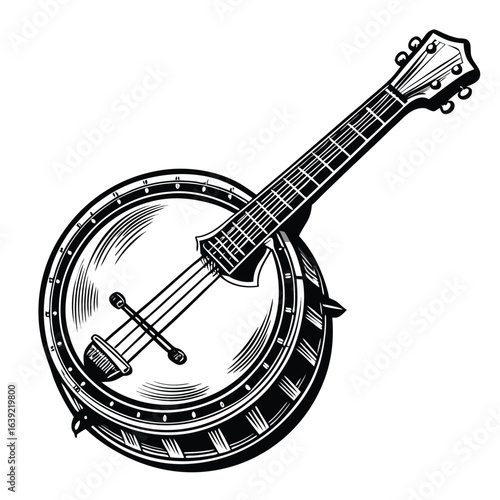 Vintage Banjo Illustration Expressing Musical Heritage A Classic Stringed Instrument Design For Artistic Expression And Nostalgic Appeal In Black And White
