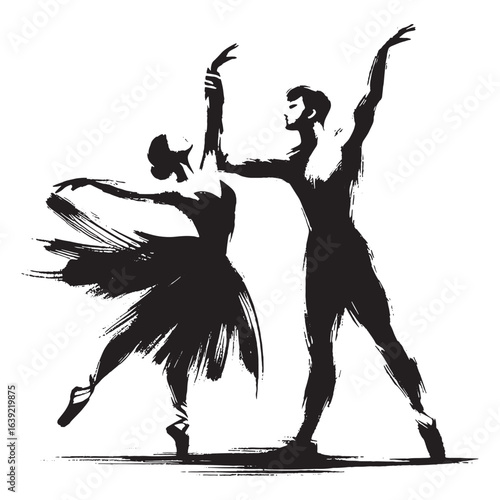 Ballet dancers brushstroke black on white vector illustration
