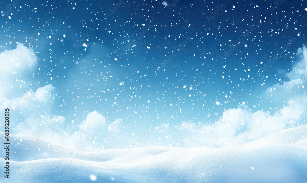 Obraz premium Scenic snowy landscape with soft snow-covered hills under a bright blue sky with falling snowflakes creating a peaceful winter atmosphere