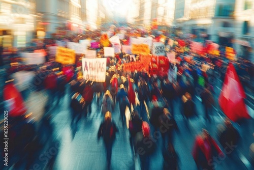 Wallpaper Mural large crowd of people marching through city street holding various colorful signs in a vibrant, dynamic protest scene Torontodigital.ca