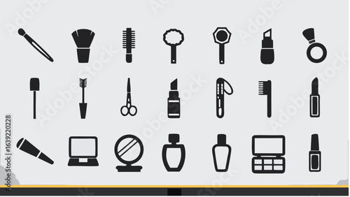 Collection of various beauty and makeup tools including brushes lipstick and mirrors in silhouette style |  editable eps vectors