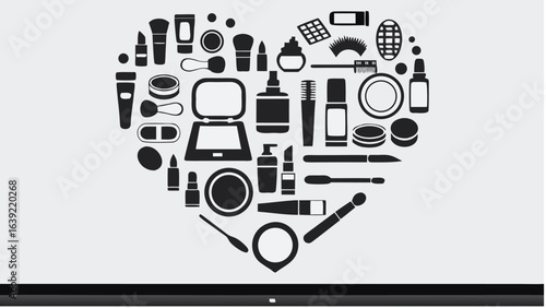 Silhouette heart shape made of various cosmetic products on a white background displayed on a screen |  editable eps vectors