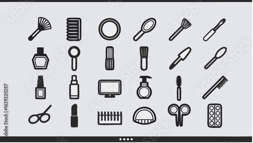 Collection of beauty and personal care items including brushes, bottles, and other cosmetic accessories |  editable eps vectors silhouette