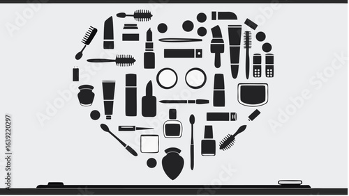 Stylized collection of beauty and cosmetic products arranged in a teardrop shape on a white background |  editable eps vectors silhouette