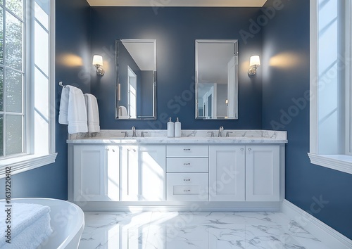 Bright luxurious bathroom with navy blue walls, white marble countertop, double sinks, matching mirrors, wall lamps, and large windows allowing natural light