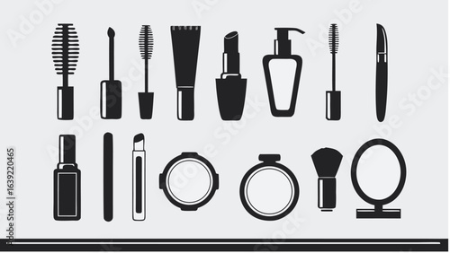 Illustration of various makeup products including mascara lipstick and compacts in black and white style |  editable eps vectors silhouette