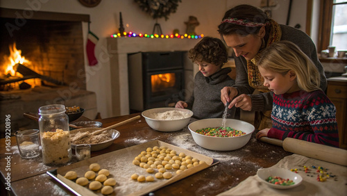 Cozy Winter Kitchen with Family Preparing Traditional Italian Struffoli Dessert