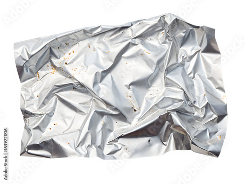 A piece of foil is crumpled and dirty. It looks like it has been used to wrap food