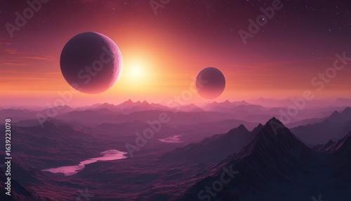 Surreal extraterritorial landscape with rugged mountains, two large moons or planets in the sky, a glowing sun setting or rising, and a colorful starry horizon