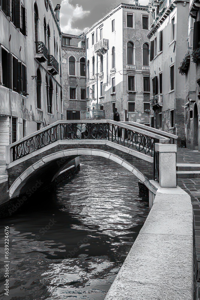 Fototapeta premium black and white photo of a narrow canal with a stone arch bridge and old multi-story buildings on both sides under a partly cloudy sky