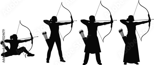 Archery silhouettes of skilled female archers aiming bows, traditional archery poses, black silhouette archers, bow and arrow shooting stance, vector illustration