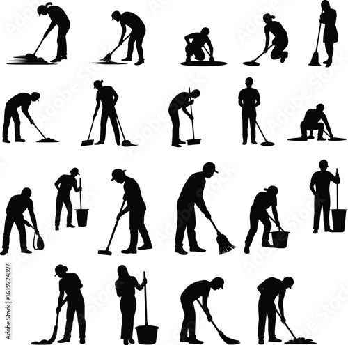 People cleaning, sweeping floors, mopping surfaces, using cleaning tools, janitorial work, housekeeping tasks, sanitation workers, hygiene maintenance, floor care, flat vector 