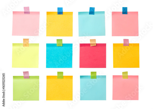 A row of colorful sticky notes are arranged in a grid on a white background