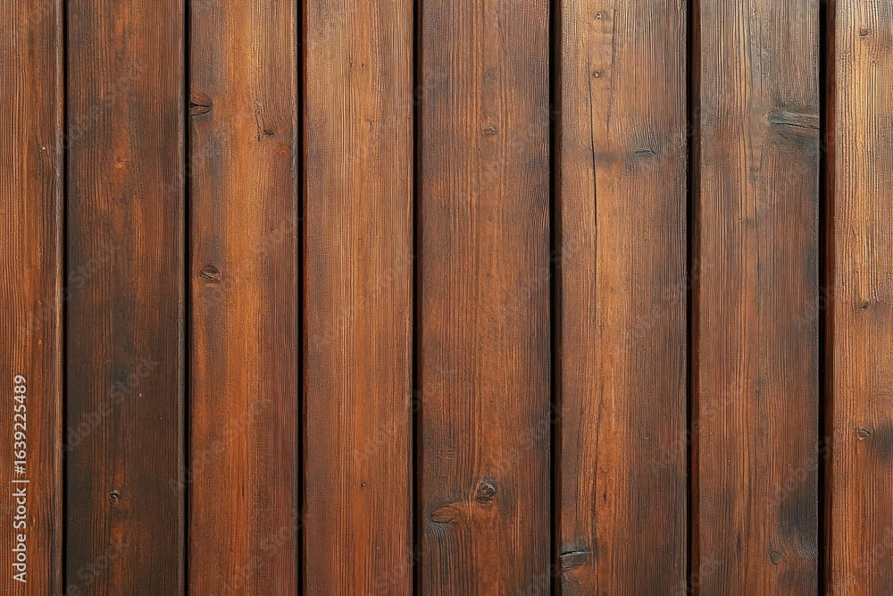 Fototapeta premium Close-up view of vertical wooden planks with rich brown color and natural knots showing rustic texture and grain pattern