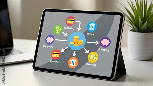 Animated infographic on a tablet showing basic money management tips