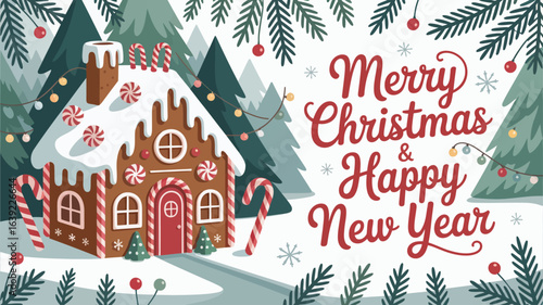 Gingerbread house with candy canes and festive Christmas greetings vector illustration