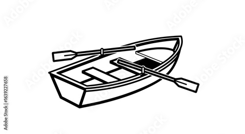Classic rowboat with oars shown in a simple black line drawing. Isolated vector graphic for concepts of leisure, travel, and adventure.