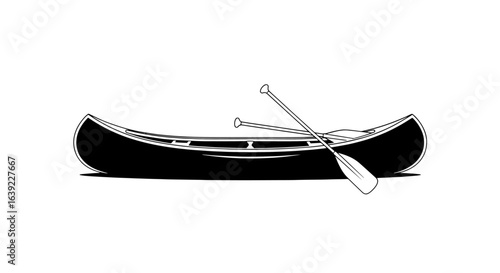 Classic canoe with crossed paddles. A black and white vector illustration symbolizing outdoor adventure, water sports, and travel.