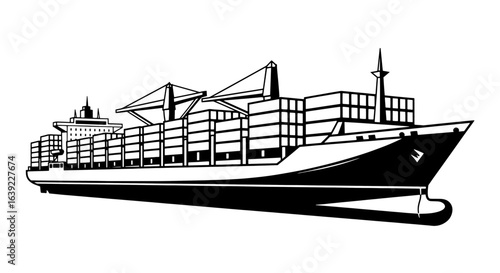 A stark black and white vector illustration of a container ship, a symbol of global logistics and maritime freight transport.